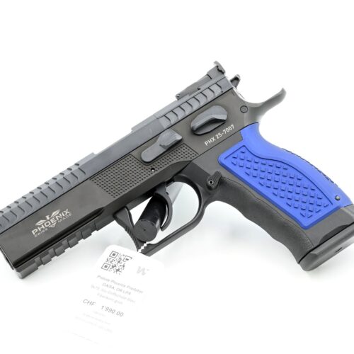 Pistole Phoenix Predator, Schwarz, 9x19, DA/SA, OR LPA, Alu Griff blau, Fiberkorn grün